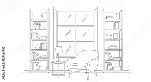 Simple Line Drawing of Home Office Desk.