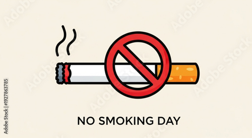 No smoking day illustration with cigarette and red prohibition sign on beige background