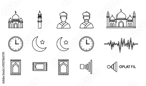 Bild auf Leinwand Islamic Adhan Outline Icon Set Mosque Prayer Time Line Vector Collection Transpa