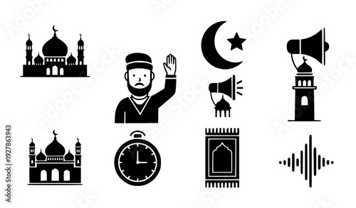 Quadro em tela Adhan Call to Prayer Icon Set Islamic Mosque Silhouette Vector Collection Transp