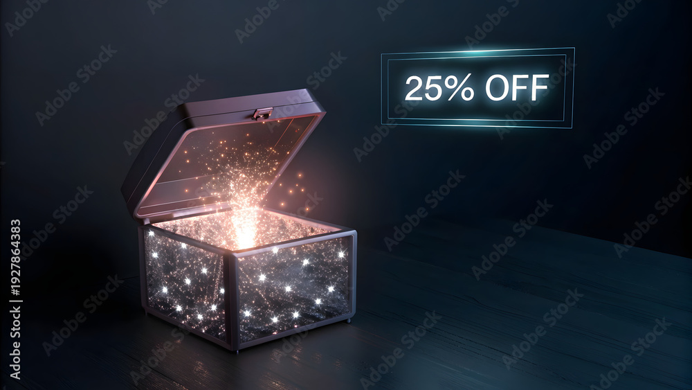 Obraz premium Open luxury crystal gift box with glowing light and 25 percent discount banner on dark background