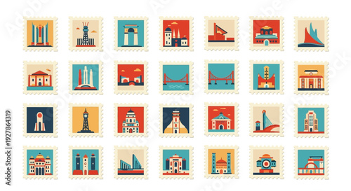 Collection of famous landmarks icons.