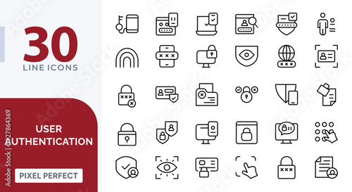 User Authentication line icons. Login, password, identity verification, biometrics, fingerprint, two-factor authentication, and access control vector icons set.