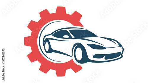 Modern car integrated with a mechanical gear symbolizing automotive engineering.