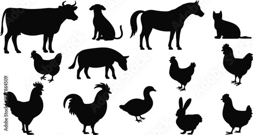 Farm animal silhouette collection with cow, horse, dog, cat, pig, chicken, rooster, duck and rabbit isolated on white background illustration set