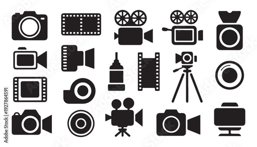 Compilation of camera, film, and video icons, highlighting tools for capturing and producing visual content effectively