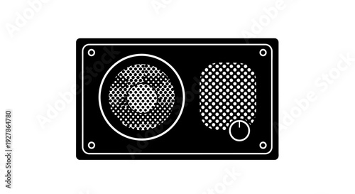 Simple black and white illustration of a speaker system with a subwoofer and tweeter.