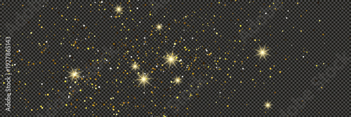 Gold glittering dust with stars on transparent backdrop