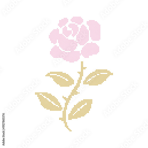 Cross stitch embroidery rose in soft spring colors. Pixel lace ornate flower. Vintage cottagecore needlecraft design. Vector illustration