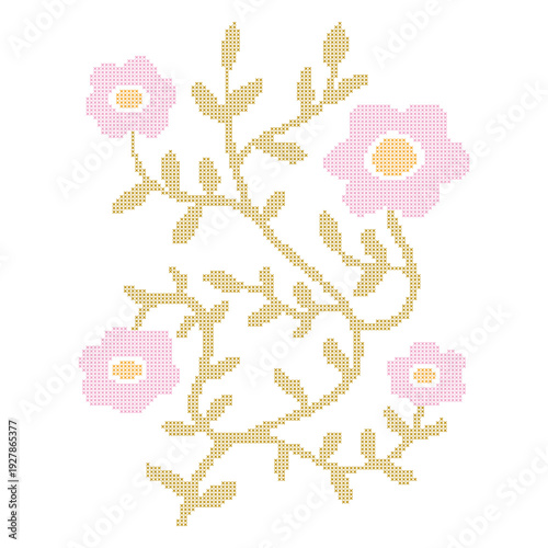 Cross stitch embroidery ivy in soft spring colors. Pixel lace wavy flowers with leaves decor. Vintage cottagecore needlecraft floral element. Vector illustration