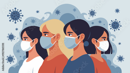 Diverse People Wearing Medical Masks Illustration with Viruses