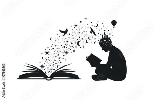 Analog Reading and Imagination Silhouette, Person Reading Book with Magical Sparkle Vector Storytelling Icon