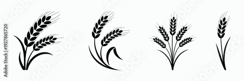 Wheat icon set, showcasing a collection of black wheat ear silhouettes for farming, organic products, and countryside-themed graphic design projects.