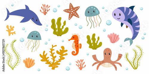 Colorful cartoon illustration of various marine life and ocean plants