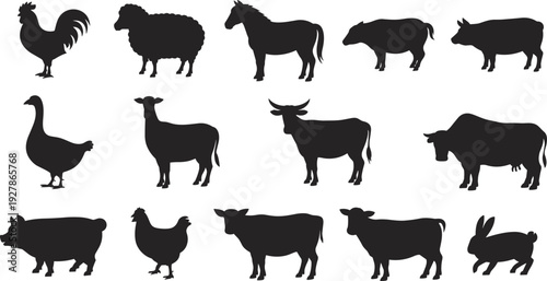 Farm animal silhouettes collection including rooster, sheep, horse, cow, goat, pig, duck and rabbit isolated on white background, livestock vector set for agriculture design