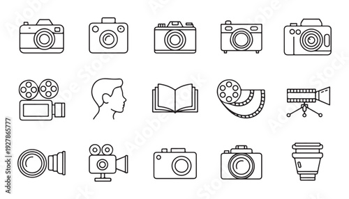 Photography and cinema vector icon set with vintage film cameras video equipment and retro lens kits