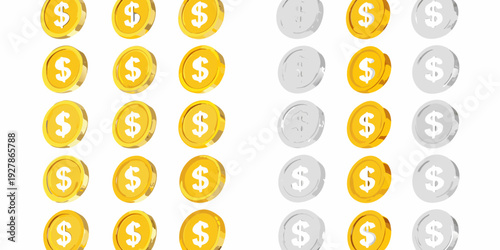 A collection of golden and silver dollar sign coins on white background