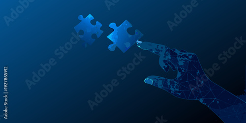 A digital hand reaching for floating puzzle pieces on a blue background