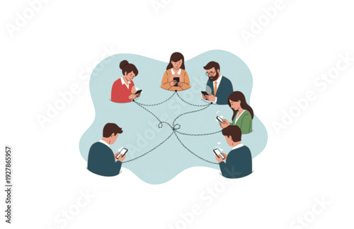 Digital Connectivity and Social Relationship Silhouette, People Linked by Rope while on Smartphones Vector