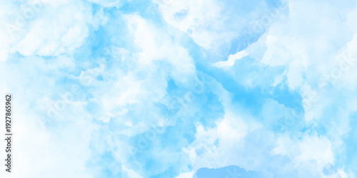 Panorama of blue sky and White cloud nature background .Classic hand painted Blue watercolor background for design.Aquarelle hand painted paper textured canvas for vintage ,invitation card, template.	