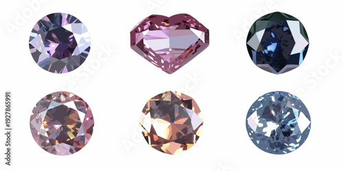 A collection of six uniquely faceted and colored gemstone illustrations