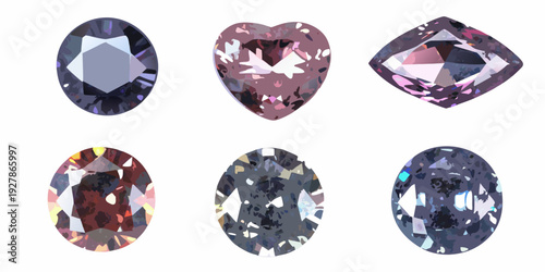 Assortment of faceted gemstones in various cuts and shades of purple