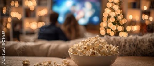 Wallpaper Mural The popcorn bowl on a cozy couch with blurred couple and Christmas tree Torontodigital.ca