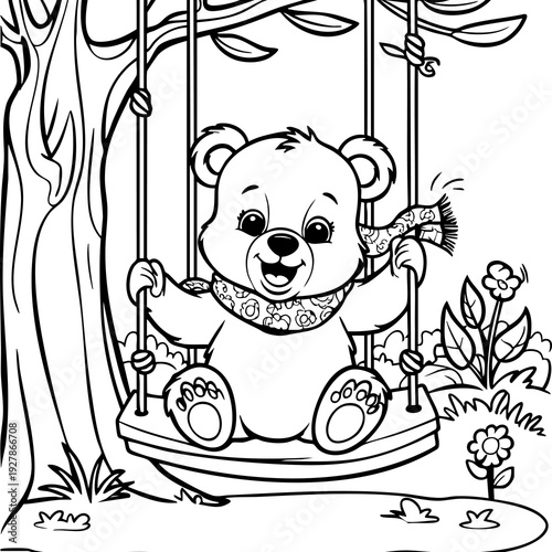 Bear Cub Joyfully Swinging in a Forest Playground