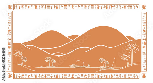 Desert Landscape with Mountains and Palm Trees.