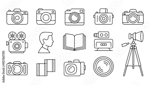 Cinema and video production vector icons collection with motion picture cameras film reels and lens