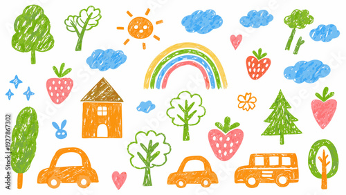 Colorful childlike drawing featuring trees sun rainbow and various objects