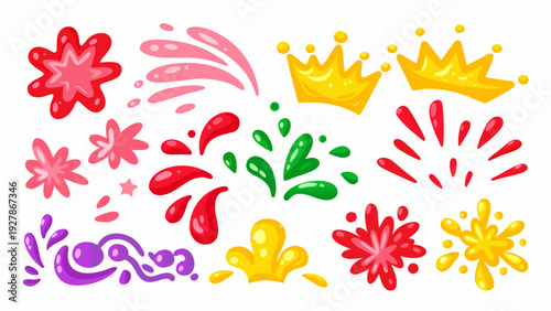 Colorful crowns and splashes arranged on a clean white background