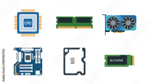 Flat design icons representing computer hardware components including CPU, RAM, graphics card, motherboard, SSD, and M.2 NVMe drive, perfect for technology and IT concepts.
