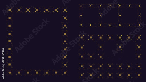 Golden ornate frames and borders arranged on a dark background