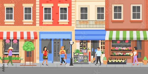 Colorful storefronts line a busy city street with pedestrians