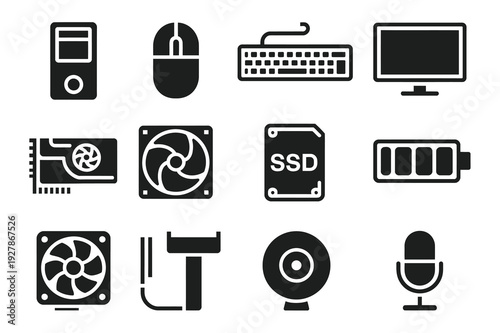 Collection of solid black icons representing computer hardware and peripherals: PC tower, mouse, keyboard, monitor, graphics card, fans, SSD, battery, webcam, and microphone.