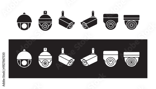 Cctv dome and bullet camera icon set for security and surveillance in black and white