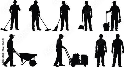 Black silhouette set of cleaning service workers and janitors using brooms mops wheelbarrows and cleaning supplies isolated on white background for professional maintenance design (25 words)