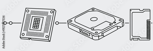 Close-up isometric line art of computer internal components: a CPU socket on a motherboard, a hard disk drive (HDD), and a solid-state drive (SSD), for data storage and processing concepts.