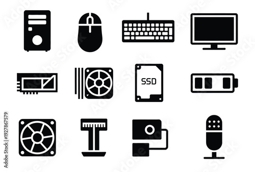 Collection of black and white icons representing computer hardware components, including a PC tower, mouse, keyboard, monitor, graphics card, CPU cooler, SSD, and microphone.