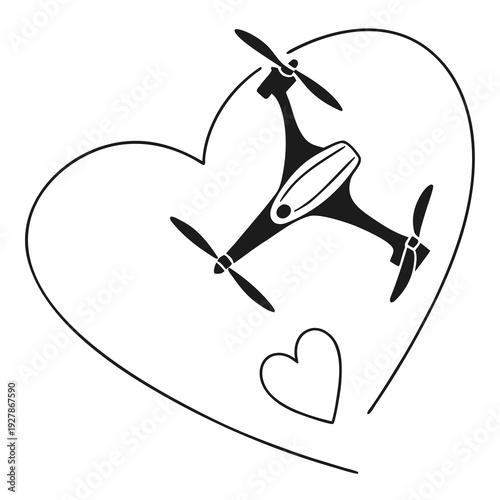 A drone flies within a large heart with a smaller heart below