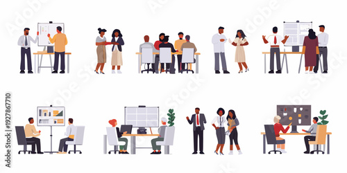 Diverse group of professionals collaborating in various office settings