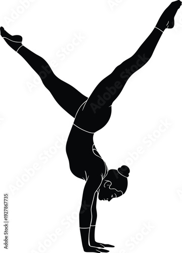 Silhouette of a young female gymnast performing a graceful handstand with split legs isolated on white background for sports design