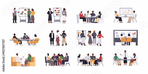 Diverse business people collaborating in various meeting and presentation scenes