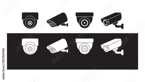 Cctv security camera icon set for surveillance and protection in black and white styles