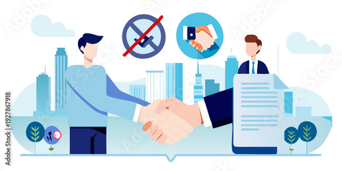 Business agreement and contract negotiation with a city skyline backdrop
