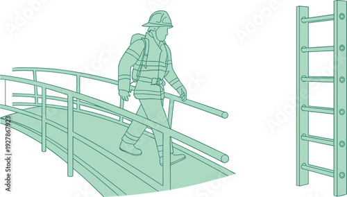 Firefighter in Protective Uniform Walking on Metal Ramp with Safety Ladder Nearby, Professional Fireman Illustration for Emergency Rescue, Fire Safety, and First Responder Training Concepts