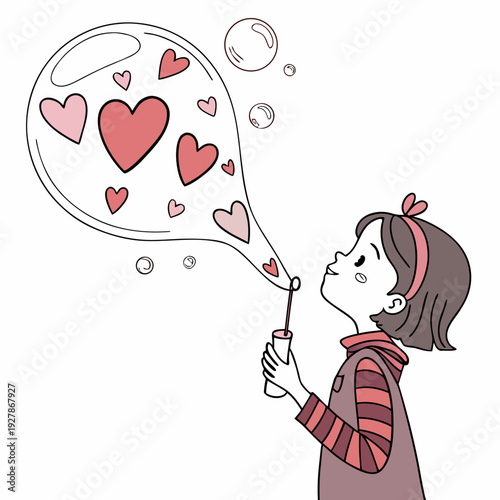 A little girl blowing hearts out of a bubble wand
