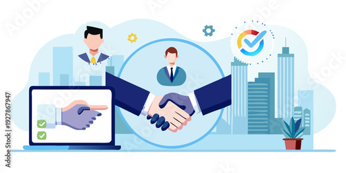 Successful business deal illustrated with a handshake and digital connection