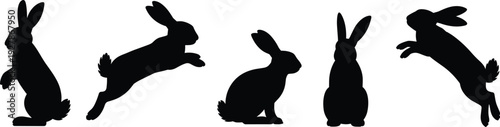 Rabbit silhouette set with jumping and sitting bunny poses, black hare shapes isolated on white background, woodland animal illustration collection